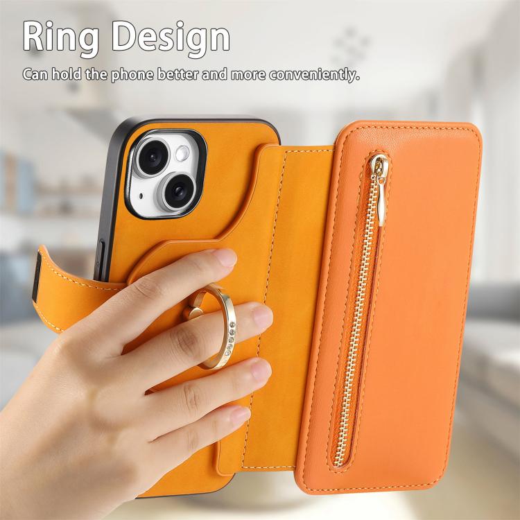 For iPhone 15 Ring Zipper Wallet RFID Blocking MagSafe Leather Phone Case(Orange) - iPhone 15 Cases by buy2fix | Online Shopping UK | buy2fix