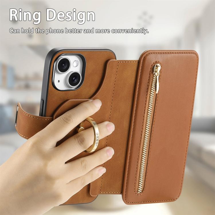 For iPhone 15 Ring Zipper Wallet RFID Blocking MagSafe Leather Phone Case(Brown) - iPhone 15 Cases by buy2fix | Online Shopping UK | buy2fix