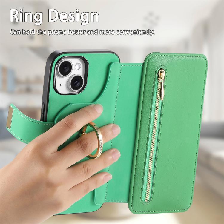 For iPhone 14 Ring Zipper Wallet RFID Blocking MagSafe Leather Phone Case(Green) - iPhone 14 Cases by buy2fix | Online Shopping UK | buy2fix