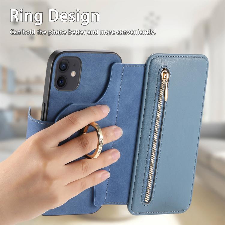 For iPhone 12 / 12 Pro Ring Zipper Wallet RFID Blocking MagSafe Leather Phone Case(Blue) - iPhone 12 / 12 Pro Cases by buy2fix | Online Shopping UK | buy2fix