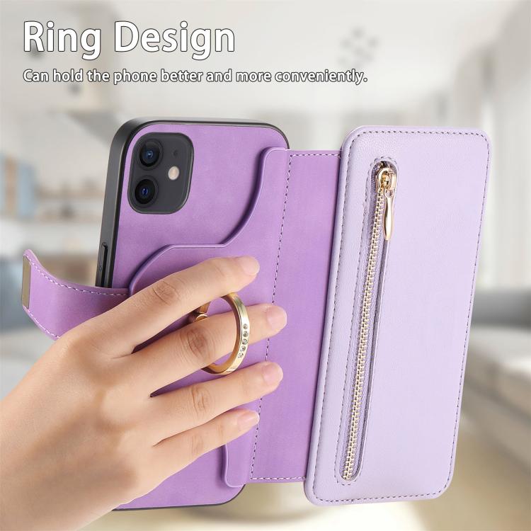 For iPhone 12 / 12 Pro Ring Zipper Wallet RFID Blocking MagSafe Leather Phone Case(Purple) - iPhone 12 / 12 Pro Cases by buy2fix | Online Shopping UK | buy2fix