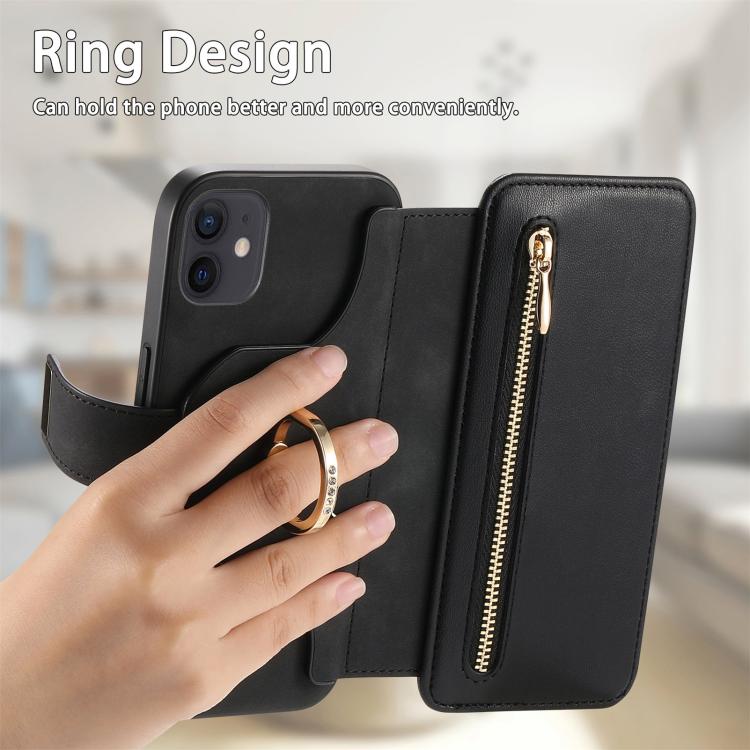 For iPhone 12 / 12 Pro Ring Zipper Wallet RFID Blocking MagSafe Leather Phone Case(Black) - iPhone 12 / 12 Pro Cases by buy2fix | Online Shopping UK | buy2fix