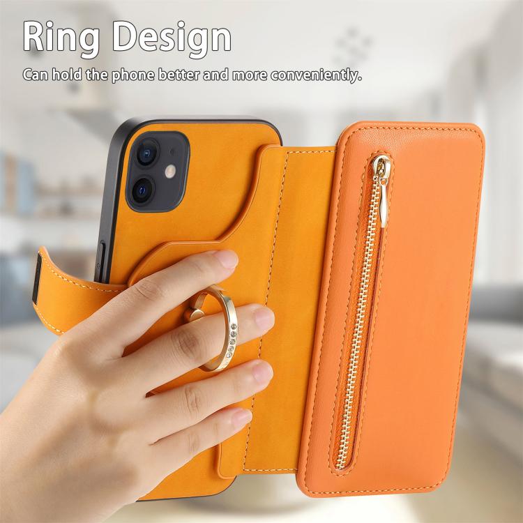 For iPhone 12 / 12 Pro Ring Zipper Wallet RFID Blocking MagSafe Leather Phone Case(Orange) - iPhone 12 / 12 Pro Cases by buy2fix | Online Shopping UK | buy2fix