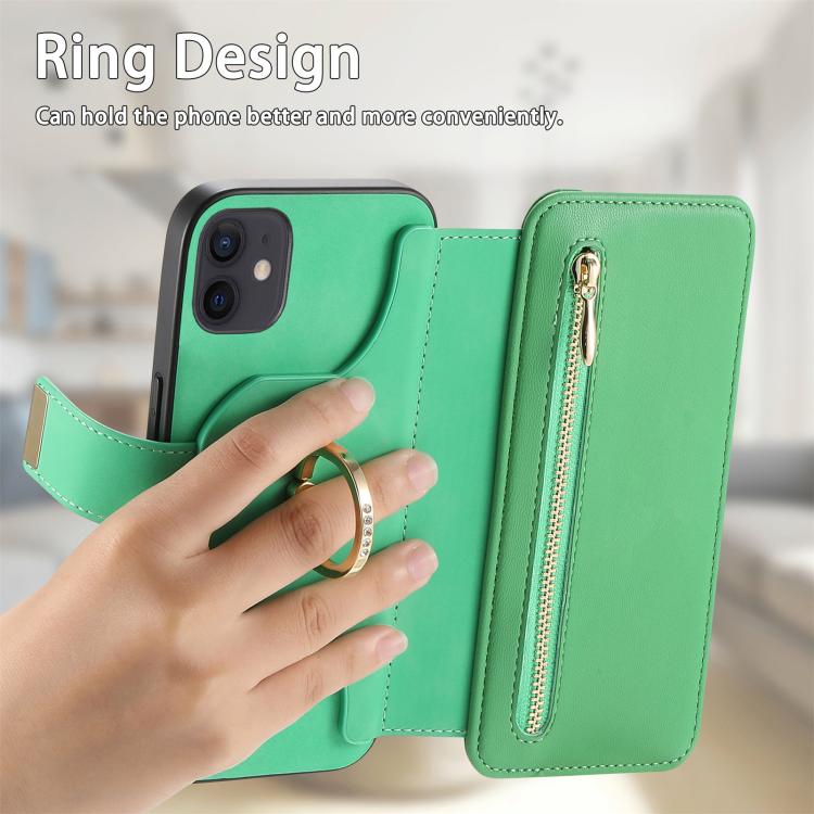 For iPhone 12 / 12 Pro Ring Zipper Wallet RFID Blocking MagSafe Leather Phone Case(Green) - iPhone 12 / 12 Pro Cases by buy2fix | Online Shopping UK | buy2fix