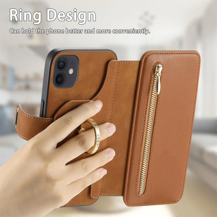 For iPhone 12 / 12 Pro Ring Zipper Wallet RFID Blocking MagSafe Leather Phone Case(Brown) - iPhone 12 / 12 Pro Cases by buy2fix | Online Shopping UK | buy2fix