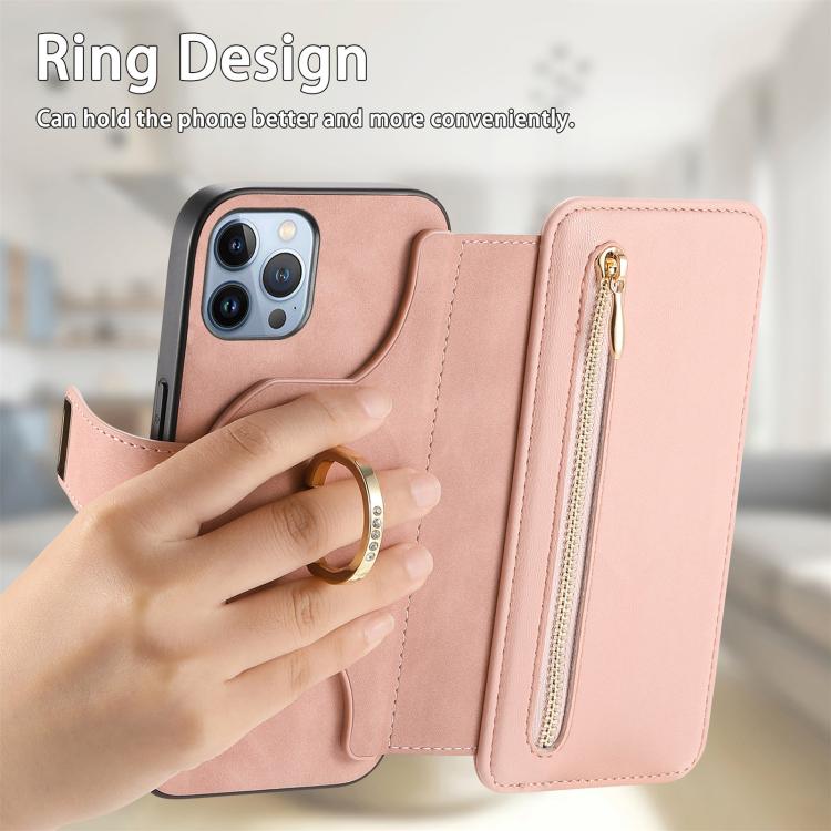 For iPhone 12 Pro Max Ring Zipper Wallet RFID Blocking MagSafe Leather Phone Case(Pink) - iPhone 12 Pro Max Cases by buy2fix | Online Shopping UK | buy2fix