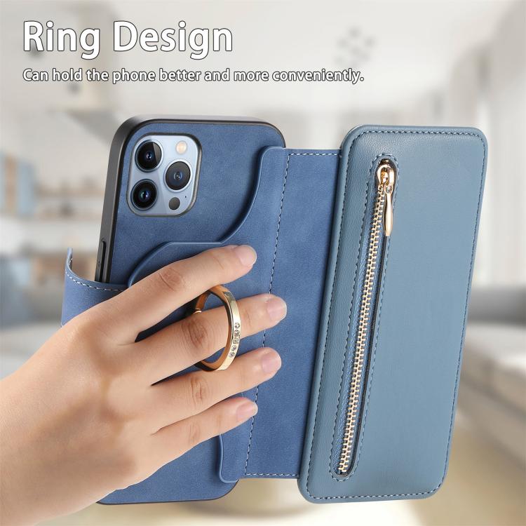 For iPhone 12 Pro Max Ring Zipper Wallet RFID Blocking MagSafe Leather Phone Case(Blue) - iPhone 12 Pro Max Cases by buy2fix | Online Shopping UK | buy2fix