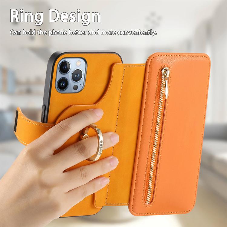For iPhone 12 Pro Max Ring Zipper Wallet RFID Blocking MagSafe Leather Phone Case(Orange) - iPhone 12 Pro Max Cases by buy2fix | Online Shopping UK | buy2fix