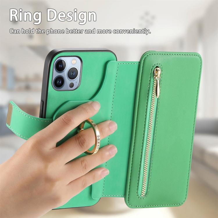 For iPhone 12 Pro Max Ring Zipper Wallet RFID Blocking MagSafe Leather Phone Case(Green) - iPhone 12 Pro Max Cases by buy2fix | Online Shopping UK | buy2fix
