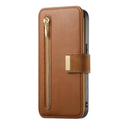 For iPhone 12 Pro Max Ring Zipper Wallet RFID Blocking MagSafe Leather Phone Case(Brown) - iPhone 12 Pro Max Cases by buy2fix | Online Shopping UK | buy2fix
