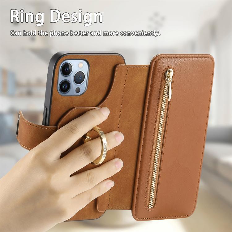For iPhone 12 Pro Max Ring Zipper Wallet RFID Blocking MagSafe Leather Phone Case(Brown) - iPhone 12 Pro Max Cases by buy2fix | Online Shopping UK | buy2fix