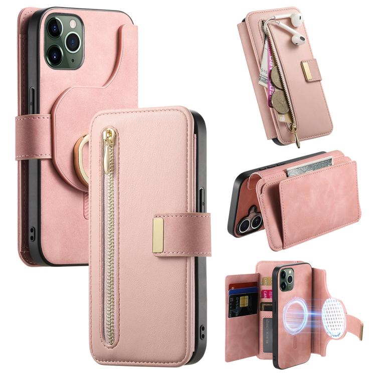 For iPhone 11 Pro Ring Zipper Wallet RFID Blocking MagSafe Leather Phone Case(Pink) - iPhone 11 Pro Cases by buy2fix | Online Shopping UK | buy2fix