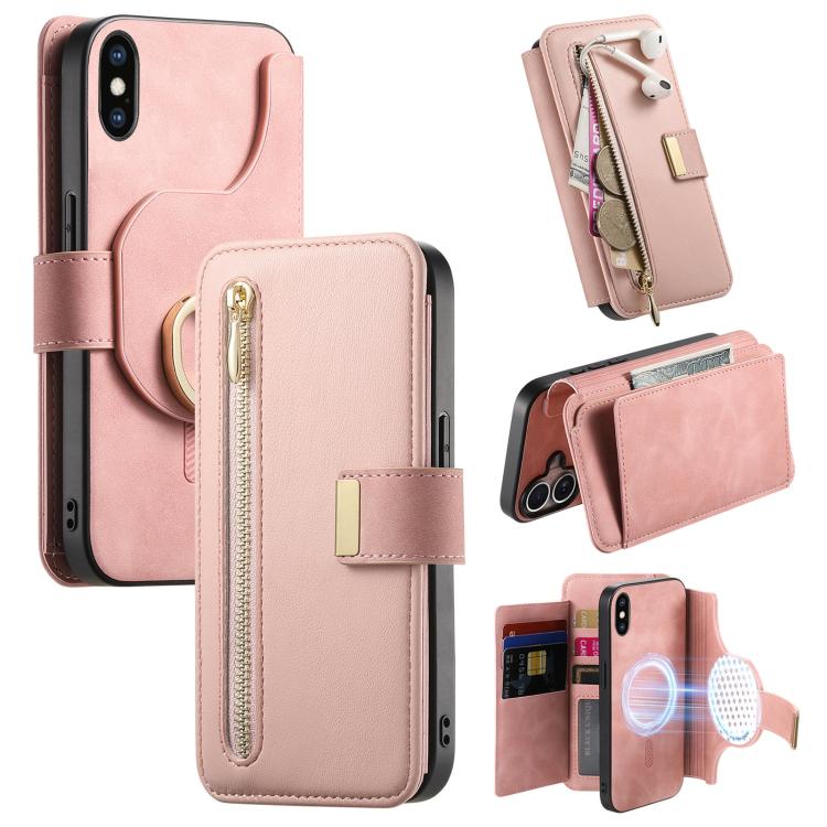 For iPhone X / XS Ring Zipper Wallet RFID Blocking MagSafe Leather Phone Case(Pink) - More iPhone Cases by buy2fix | Online Shopping UK | buy2fix