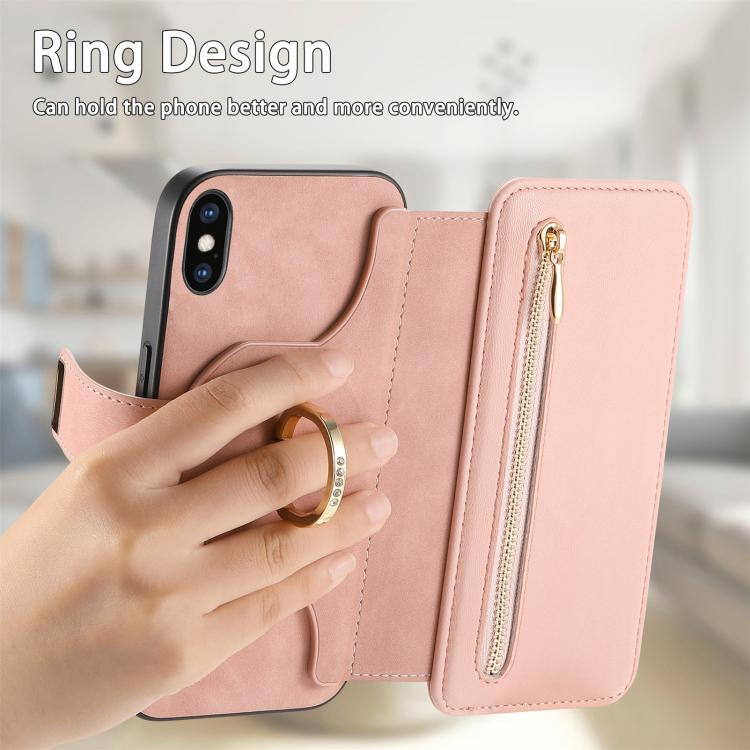 For iPhone X / XS Ring Zipper Wallet RFID Blocking MagSafe Leather Phone Case(Pink) - More iPhone Cases by buy2fix | Online Shopping UK | buy2fix
