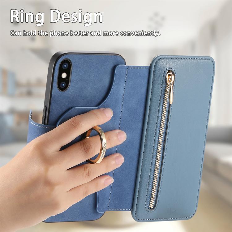 For iPhone X / XS Ring Zipper Wallet RFID Blocking MagSafe Leather Phone Case(Blue) - More iPhone Cases by buy2fix | Online Shopping UK | buy2fix