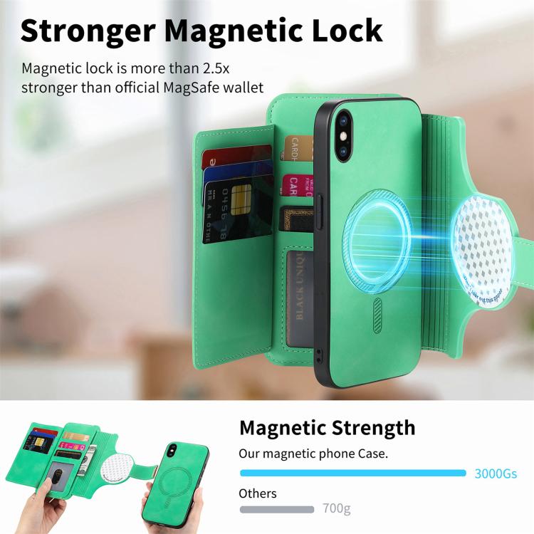 For iPhone X / XS Ring Zipper Wallet RFID Blocking MagSafe Leather Phone Case(Green) - More iPhone Cases by buy2fix | Online Shopping UK | buy2fix