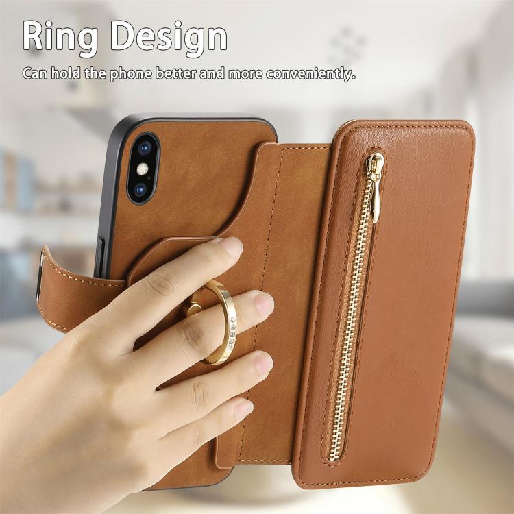 For iPhone X / XS Ring Zipper Wallet RFID Blocking MagSafe Leather Phone Case(Brown) - More iPhone Cases by buy2fix | Online Shopping UK | buy2fix