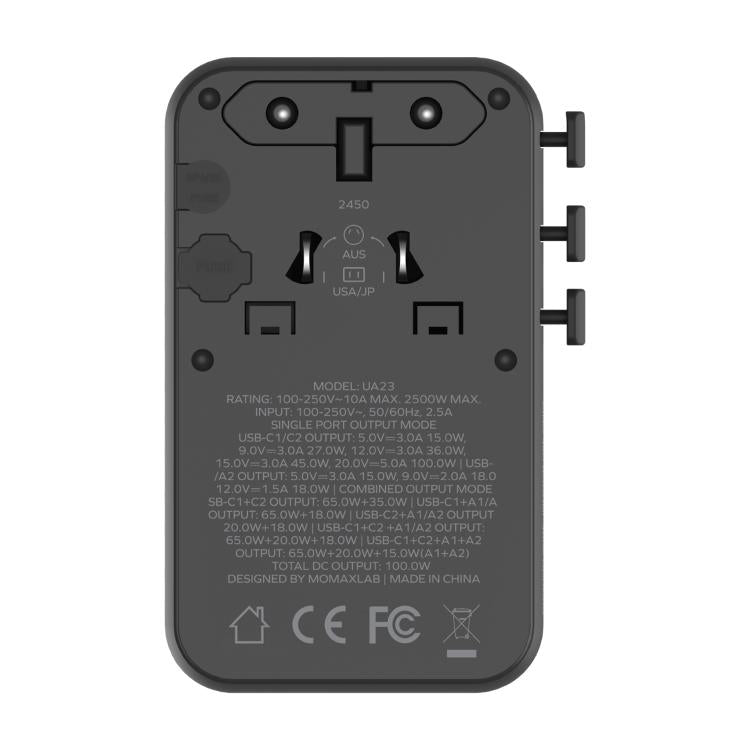 MOMAX UA23 1-World 2 4-Port Mini Universal Travel GaN Charger 100W with Dual AC(Black) - Plug Adaptor by MOMAX | Online Shopping UK | buy2fix