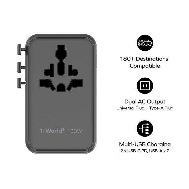 MOMAX UA23 1-World 2 4-Port Mini Universal Travel GaN Charger 100W with Dual AC(Black) - Plug Adaptor by MOMAX | Online Shopping UK | buy2fix