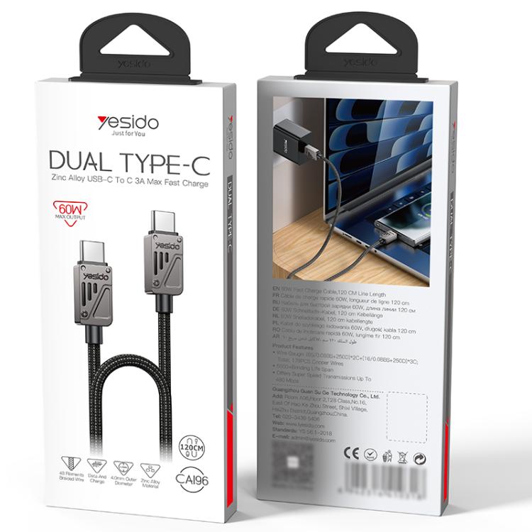 Yesido CA196 60W 3A USB-C / Type-C to Type-C Zinc Alloy Data Cable, Length:1.2m(Black) - USB-C & Type-C Cable by Yesido | Online Shopping UK | buy2fix