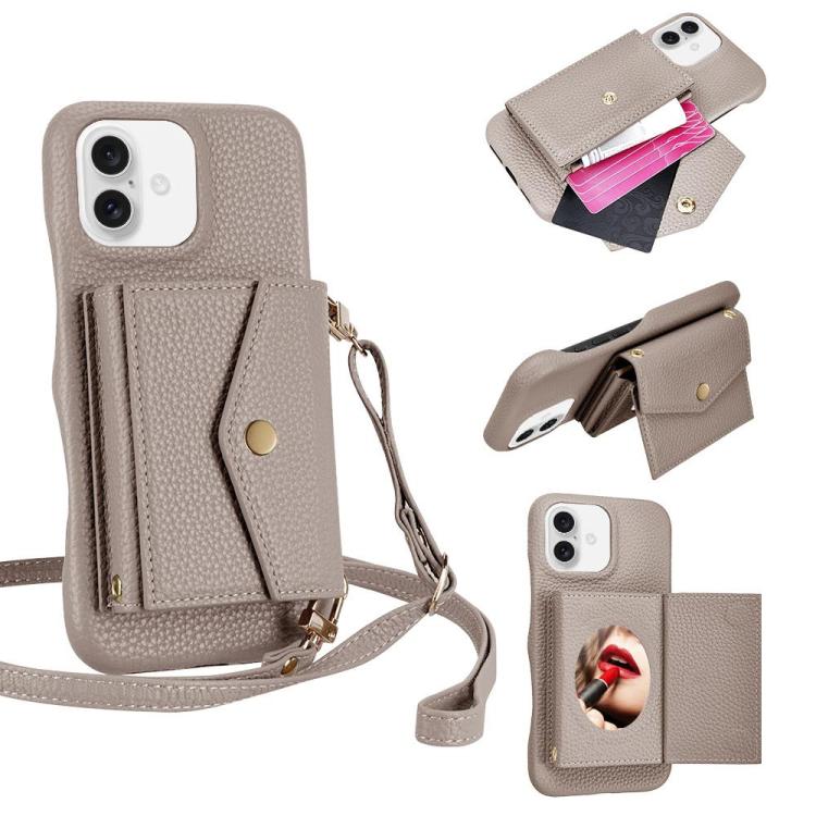 For iPhone 16 Plus Litchi Texture Horizontal Card Bag Holder Phone Case with Long Lanyard(Grey) - iPhone 16 Plus Cases by buy2fix | Online Shopping UK | buy2fix