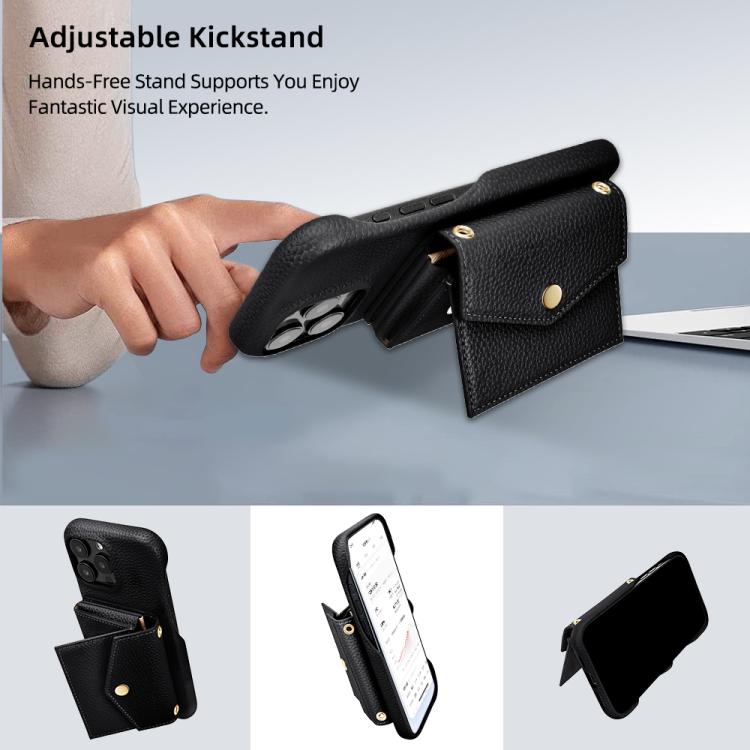 For iPhone 15 Pro Litchi Texture Horizontal Card Bag Holder Phone Case with Long Lanyard(Black) - iPhone 15 Pro Cases by buy2fix | Online Shopping UK | buy2fix