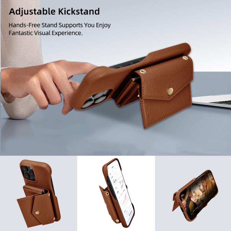 For iPhone 15 Pro Litchi Texture Horizontal Card Bag Holder Phone Case with Long Lanyard(Brown) - iPhone 15 Pro Cases by buy2fix | Online Shopping UK | buy2fix
