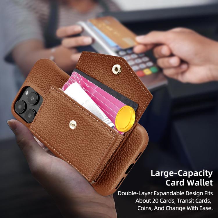 For iPhone 15 Pro Litchi Texture Horizontal Card Bag Holder Phone Case with Long Lanyard(Brown) - iPhone 15 Pro Cases by buy2fix | Online Shopping UK | buy2fix