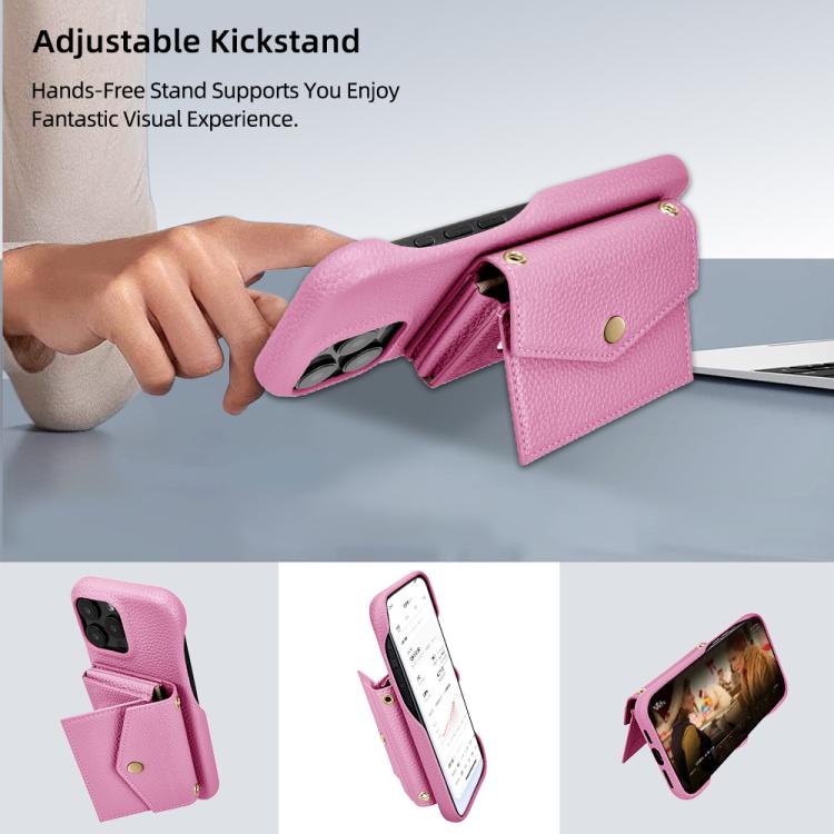 For iPhone 15 Pro Litchi Texture Horizontal Card Bag Holder Phone Case with Long Lanyard(Pink) - iPhone 15 Pro Cases by buy2fix | Online Shopping UK | buy2fix