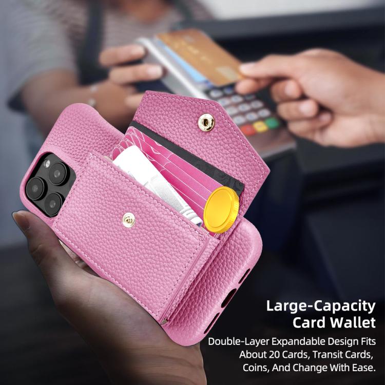 For iPhone 15 Pro Litchi Texture Horizontal Card Bag Holder Phone Case with Long Lanyard(Pink) - iPhone 15 Pro Cases by buy2fix | Online Shopping UK | buy2fix