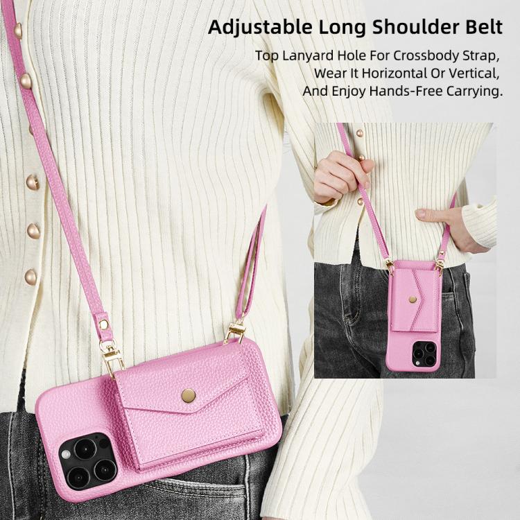 For iPhone 15 Pro Litchi Texture Horizontal Card Bag Holder Phone Case with Long Lanyard(Pink) - iPhone 15 Pro Cases by buy2fix | Online Shopping UK | buy2fix