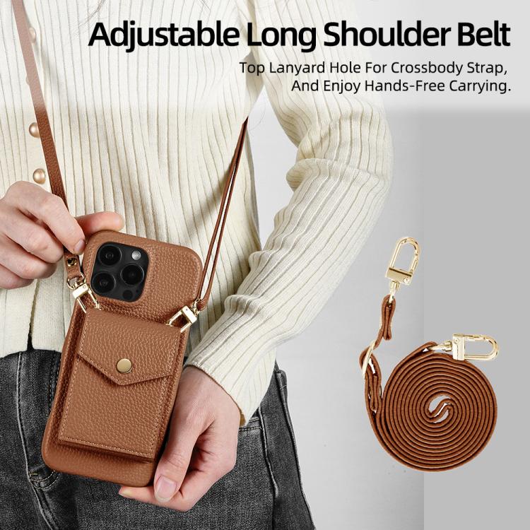 For iPhone 16 Pro Litchi Texture Vertical Card Bag Holder Phone Case with Long Lanyard(Brown) - iPhone 16 Pro Cases by buy2fix | Online Shopping UK | buy2fix