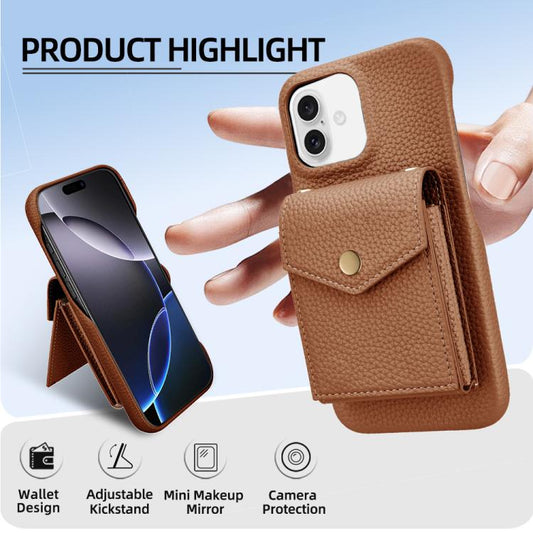For iPhone 16 Plus Litchi Texture Vertical Card Bag Holder Phone Case with Long Lanyard(Brown) - iPhone 16 Plus Cases by buy2fix | Online Shopping UK | buy2fix