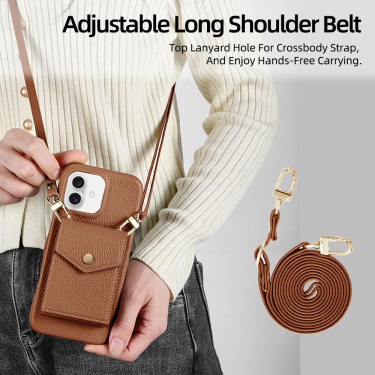 For iPhone 16 Plus Litchi Texture Vertical Card Bag Holder Phone Case with Long Lanyard(Brown) - iPhone 16 Plus Cases by buy2fix | Online Shopping UK | buy2fix