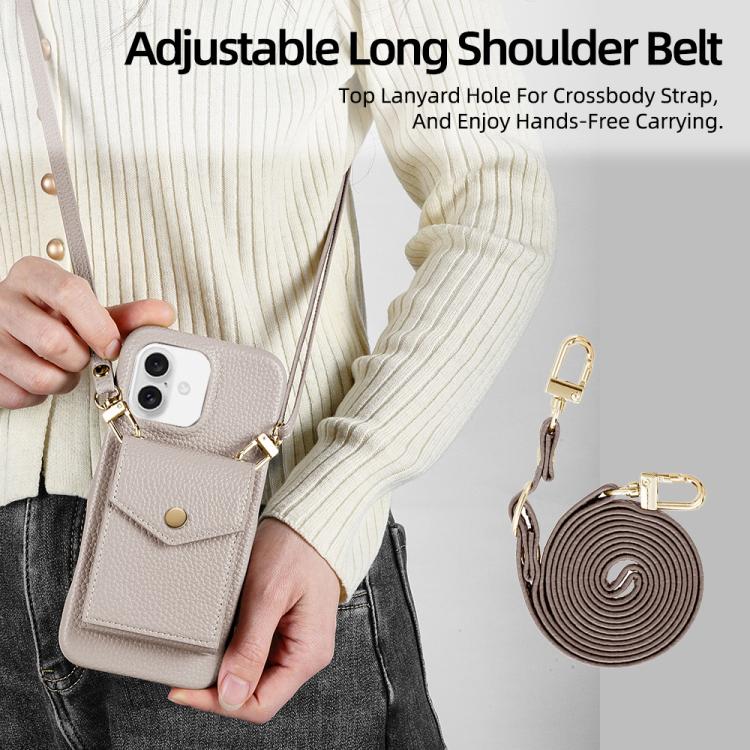 For iPhone 16 Plus Litchi Texture Vertical Card Bag Holder Phone Case with Long Lanyard(Grey) - iPhone 16 Plus Cases by buy2fix | Online Shopping UK | buy2fix