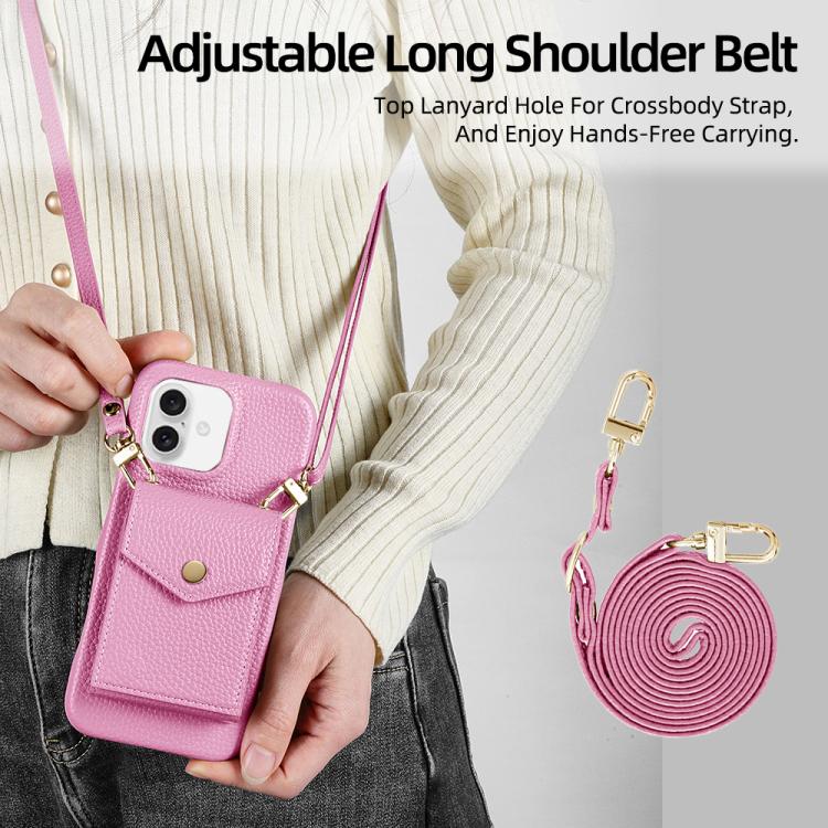 For iPhone 16 Plus Litchi Texture Vertical Card Bag Holder Phone Case with Long Lanyard(Pink) - iPhone 16 Plus Cases by buy2fix | Online Shopping UK | buy2fix