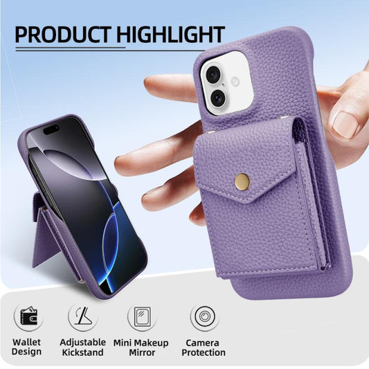 For iPhone 16 Plus Litchi Texture Vertical Card Bag Holder Phone Case with Long Lanyard(Purple) - iPhone 16 Plus Cases by buy2fix | Online Shopping UK | buy2fix