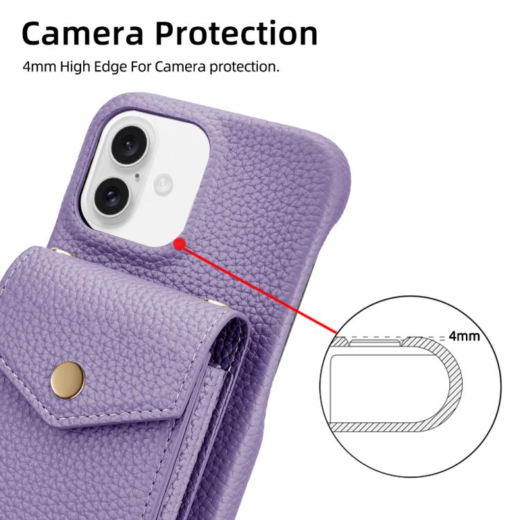 For iPhone 16 Plus Litchi Texture Vertical Card Bag Holder Phone Case with Long Lanyard(Purple) - iPhone 16 Plus Cases by buy2fix | Online Shopping UK | buy2fix
