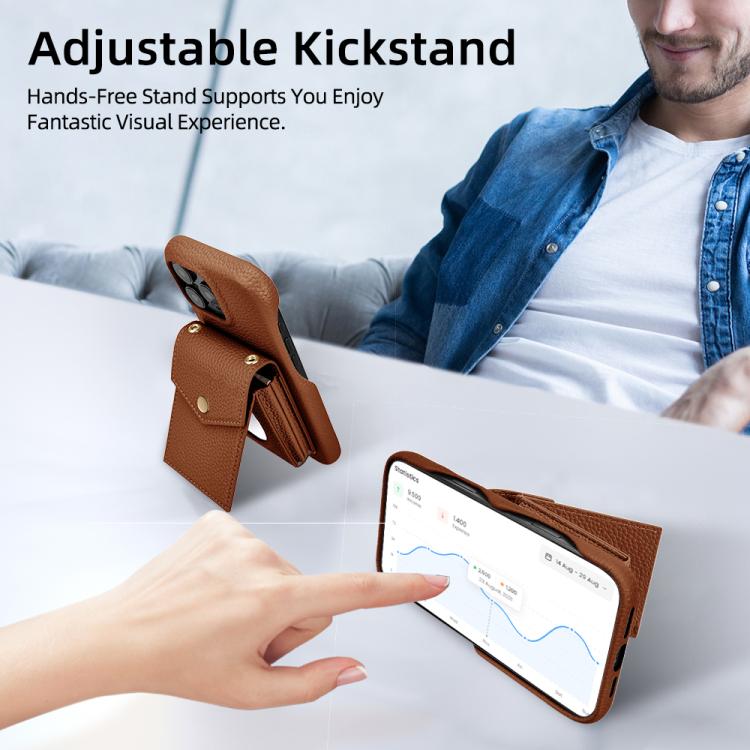 For iPhone 15 Pro Litchi Texture Vertical Card Bag Holder Phone Case with Long Lanyard(Brown) - iPhone 15 Pro Cases by buy2fix | Online Shopping UK | buy2fix