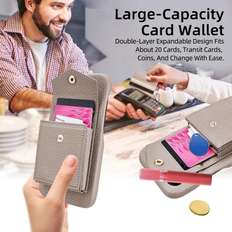 For iPhone 15 Pro Litchi Texture Vertical Card Bag Holder Phone Case with Long Lanyard(Grey) - iPhone 15 Pro Cases by buy2fix | Online Shopping UK | buy2fix