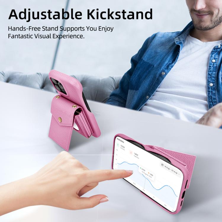 For iPhone 15 Pro Litchi Texture Vertical Card Bag Holder Phone Case with Long Lanyard(Pink) - iPhone 15 Pro Cases by buy2fix | Online Shopping UK | buy2fix