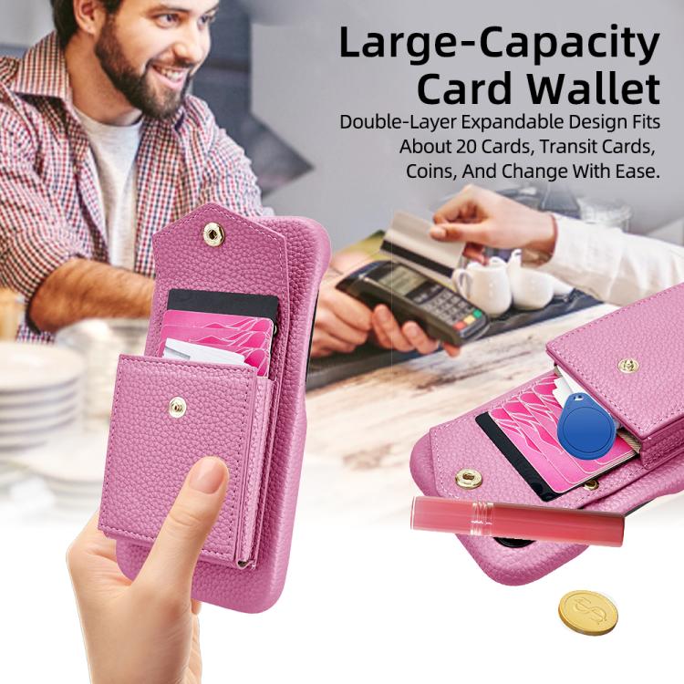 For iPhone 15 Pro Litchi Texture Vertical Card Bag Holder Phone Case with Long Lanyard(Pink) - iPhone 15 Pro Cases by buy2fix | Online Shopping UK | buy2fix