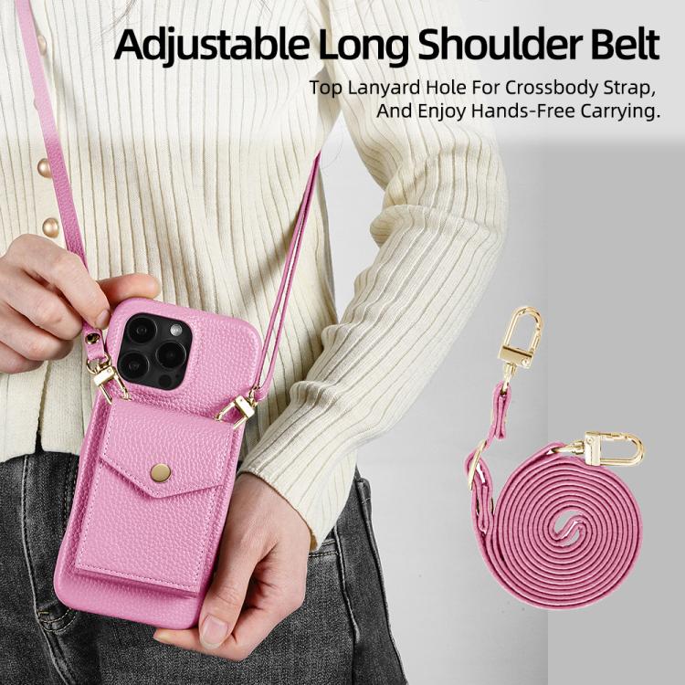 For iPhone 15 Pro Litchi Texture Vertical Card Bag Holder Phone Case with Long Lanyard(Pink) - iPhone 15 Pro Cases by buy2fix | Online Shopping UK | buy2fix