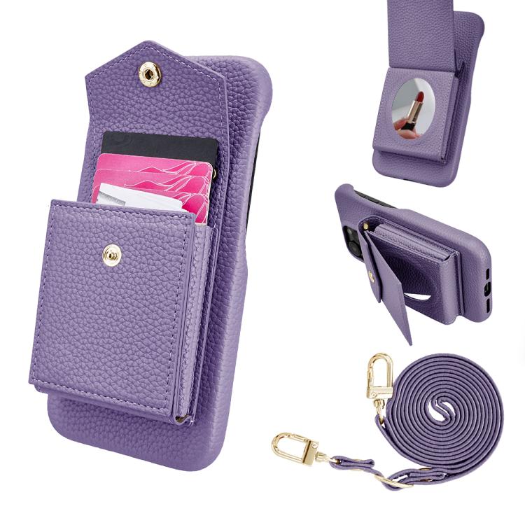 For iPhone 15 Pro Litchi Texture Vertical Card Bag Holder Phone Case with Long Lanyard(Purple) - iPhone 15 Pro Cases by buy2fix | Online Shopping UK | buy2fix