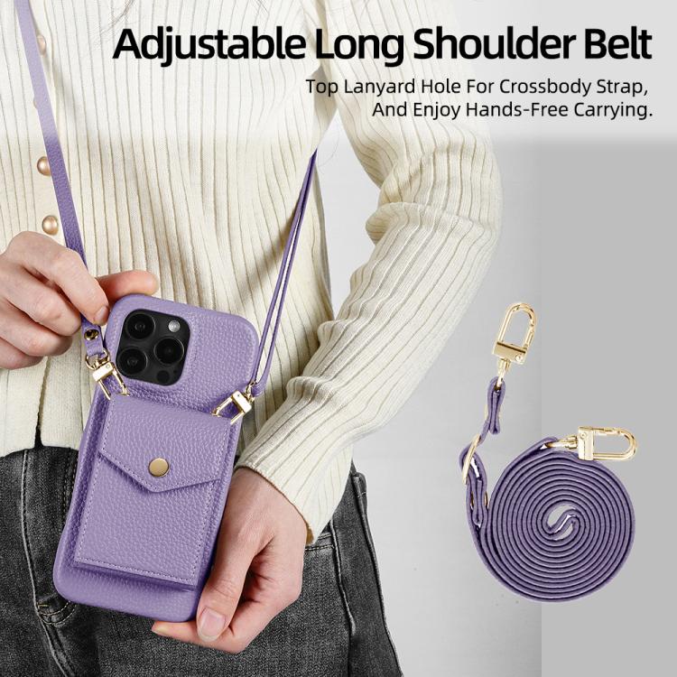 For iPhone 15 Pro Litchi Texture Vertical Card Bag Holder Phone Case with Long Lanyard(Purple) - iPhone 15 Pro Cases by buy2fix | Online Shopping UK | buy2fix