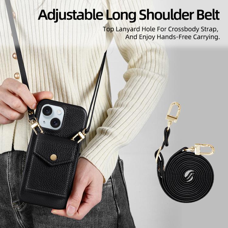 For iPhone 15 Litchi Texture Vertical Card Bag Holder Phone Case with Long Lanyard(Black) - iPhone 15 Cases by buy2fix | Online Shopping UK | buy2fix