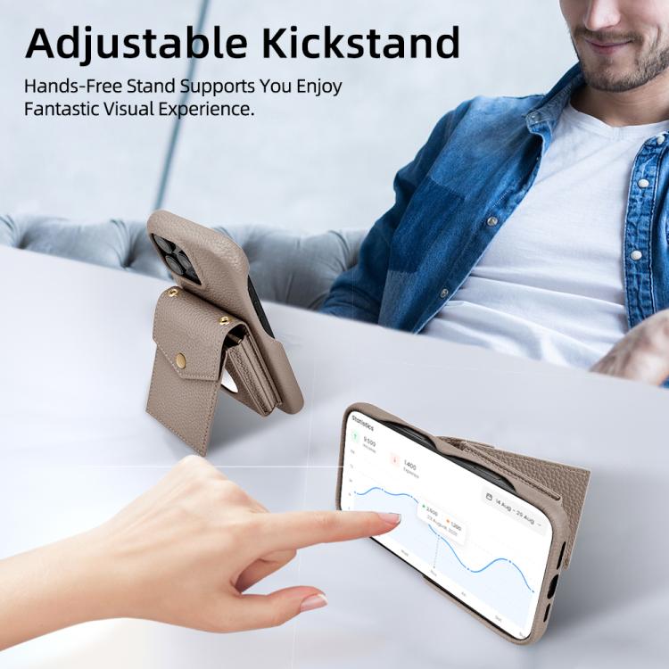 For iPhone 15 Litchi Texture Vertical Card Bag Holder Phone Case with Long Lanyard(Grey) - iPhone 15 Cases by buy2fix | Online Shopping UK | buy2fix