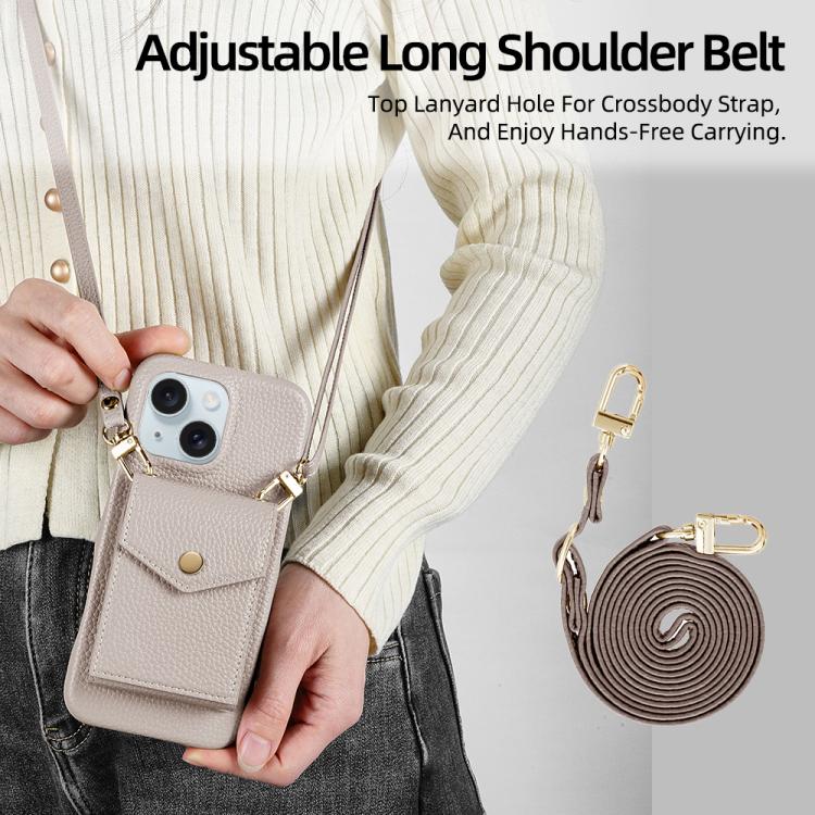 For iPhone 15 Litchi Texture Vertical Card Bag Holder Phone Case with Long Lanyard(Grey) - iPhone 15 Cases by buy2fix | Online Shopping UK | buy2fix