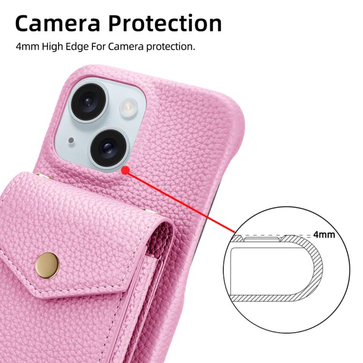 For iPhone 15 Litchi Texture Vertical Card Bag Holder Phone Case with Long Lanyard(Pink) - iPhone 15 Cases by buy2fix | Online Shopping UK | buy2fix