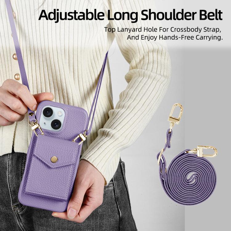 For iPhone 15 Litchi Texture Vertical Card Bag Holder Phone Case with Long Lanyard(Purple) - iPhone 15 Cases by buy2fix | Online Shopping UK | buy2fix
